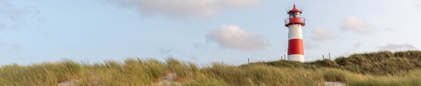 Dünengras im Abendlicht und rechts ist der rot weiß gestreifte Lister Leuchtturm zu sehen.